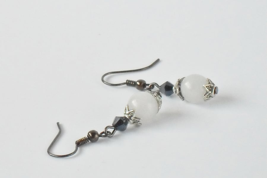 White jade and jet black crystal earrings