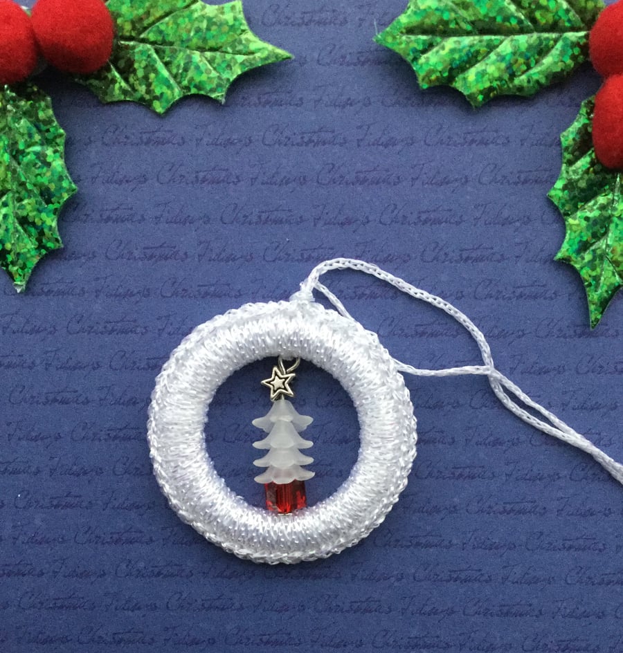 Crochet Christmas Tree Decoration in White with a Beaded Tree
