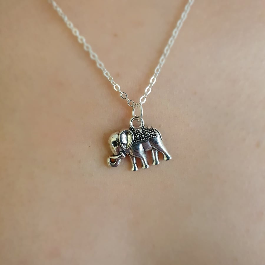 Silver Elephant Charm Necklace, Stainless Steel Animal Jewelry