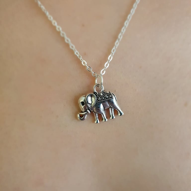 Silver Elephant Charm Necklace, Stainless Steel Animal Jewelry