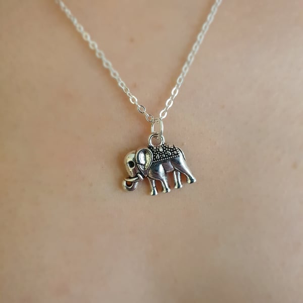 Silver Elephant Charm Necklace, Stainless Steel Animal Jewelry