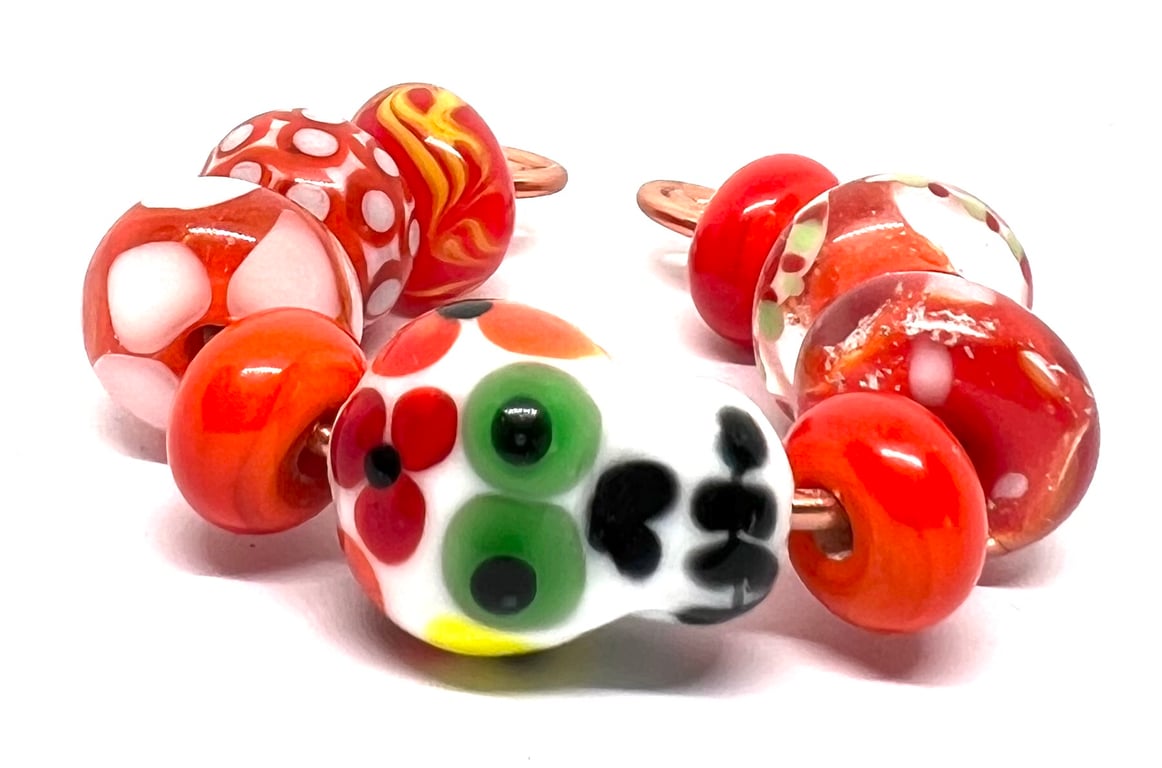Handmade Lampwork Glass Beads – Sugar Skull Focal & Fiery Orange Set of 9