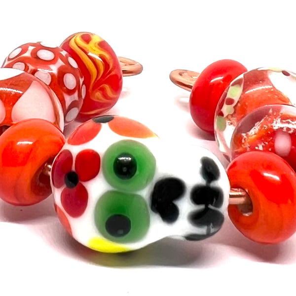 Handmade Lampwork Glass Beads – Sugar Skull Focal & Fiery Orange Set of 9