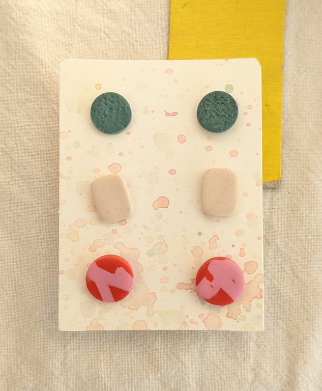 Set of 3 polymer clay stud earrings - in blue, cream, orange and pink