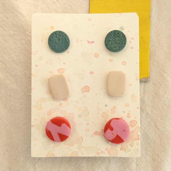 Set of 3 polymer clay stud earrings - in blue, cream, orange and pink
