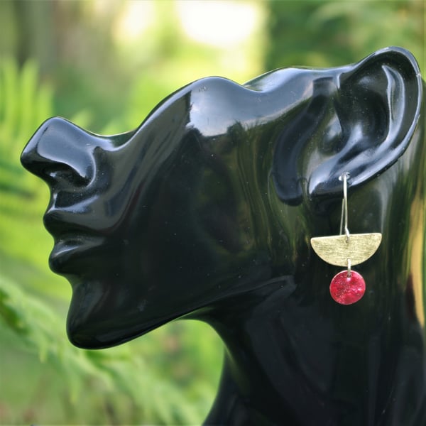 Brass Half Moon with Red  Circle Dangle  Earrings