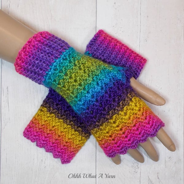 Rainbow ladies crochet gloves, finger less gloves.  Fingerless mitts. 