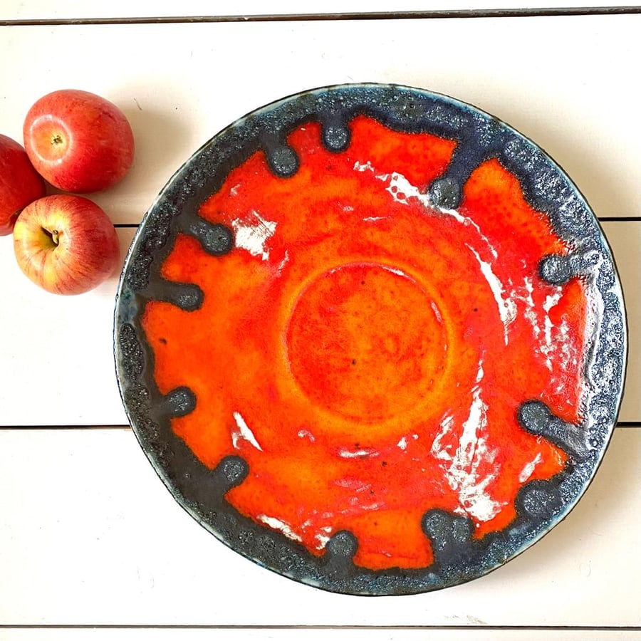 ceramic platter, large orange decorative dish, fruit bowl