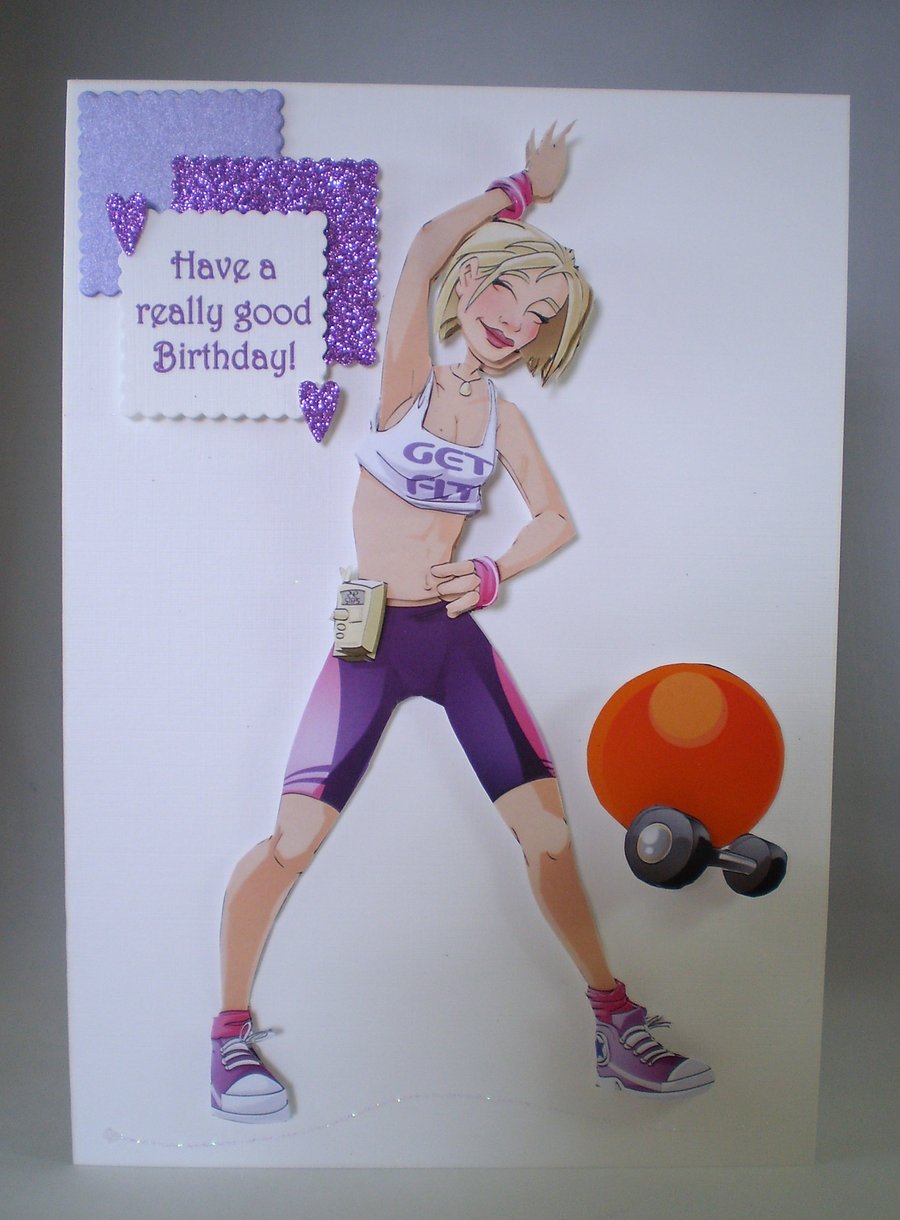 Handmade decoupage humorous lady exercising birthday card, personalise