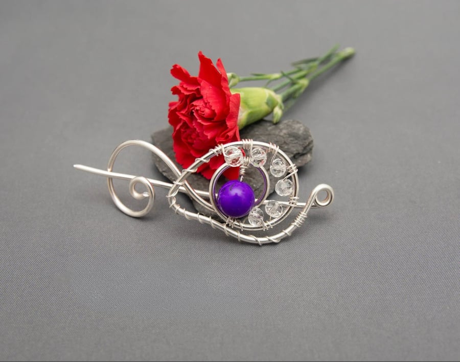 Handmade Silver Wire Wrapped Brooch, Purple Bead & Crystal Shawl Pin, Scarf Clip