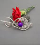 Handmade Silver Wire Wrapped Brooch, Purple Bead & Crystal Shawl Pin, Scarf Clip