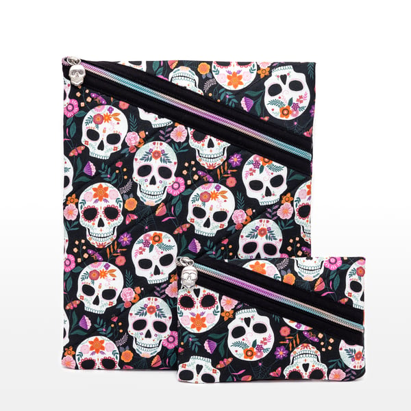Black Sugar Skull Print iPad and iPhone Sleeve Set.  Fits 11" iPad.
