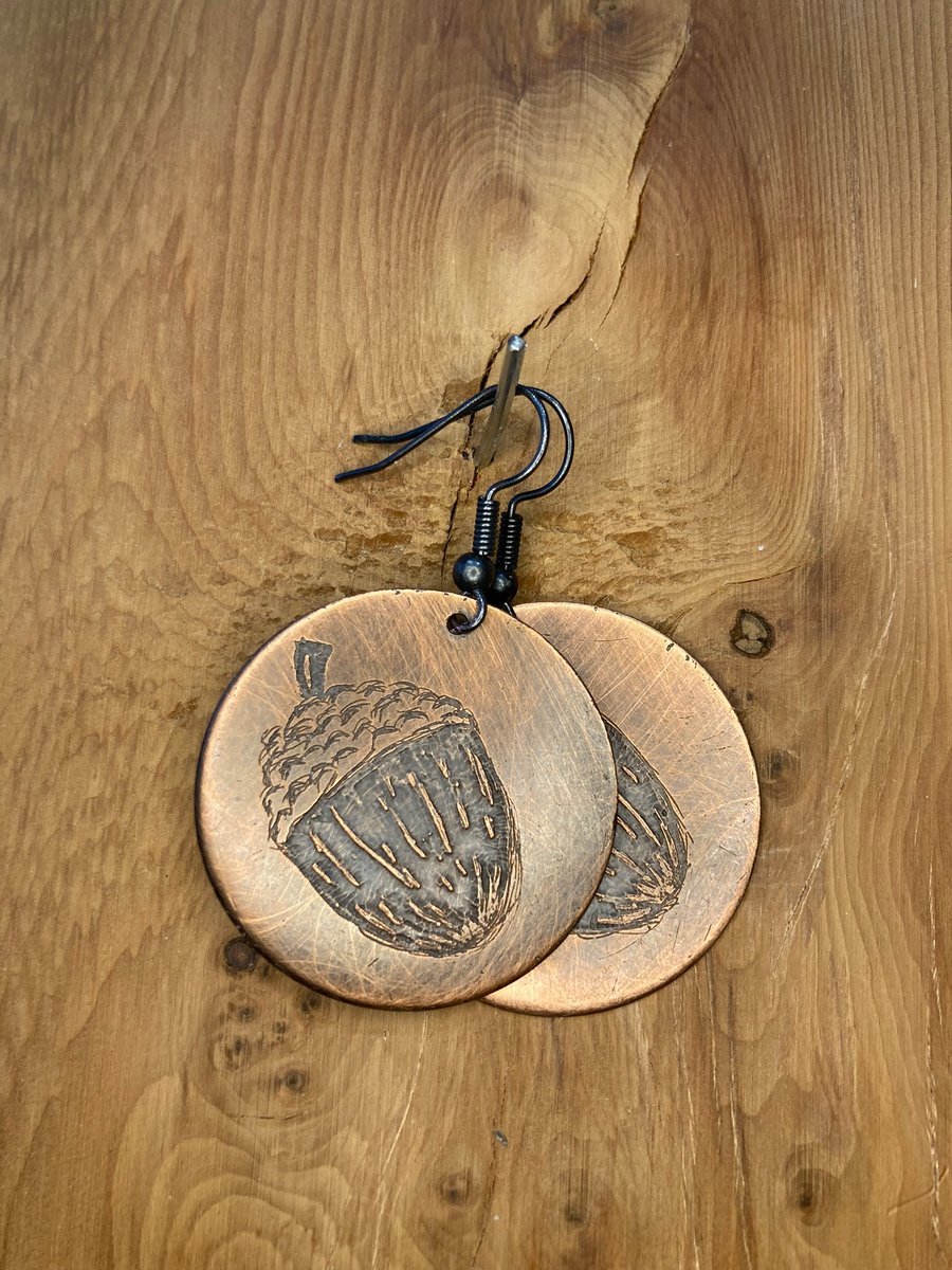 Acorn - Handmade Etched Copper Earrings LARGE