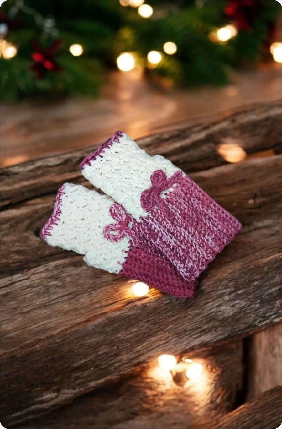 Handmade Crochet Finger-less Gloves Chunky Cream Pink One Size New