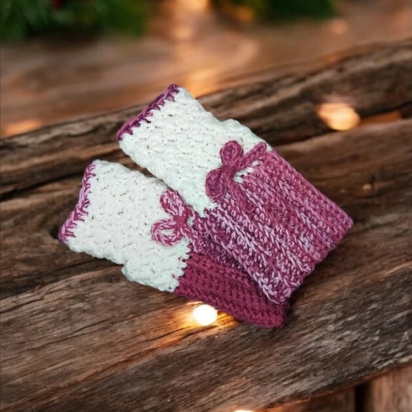 Handmade Crochet Finger-less Gloves Chunky Cream Pink One Size New