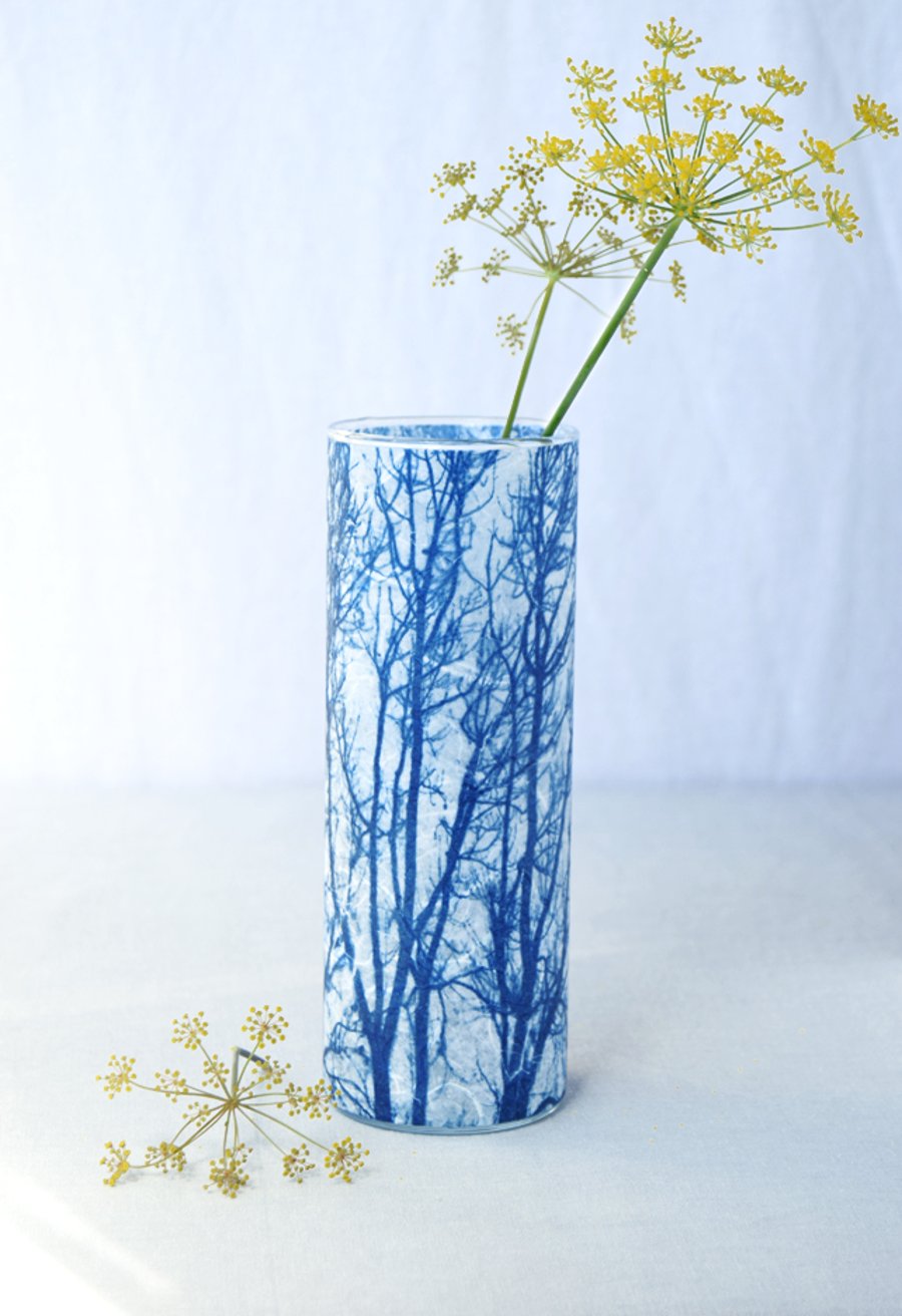 Tall Cylinder Vase Branch Design in Blue and White