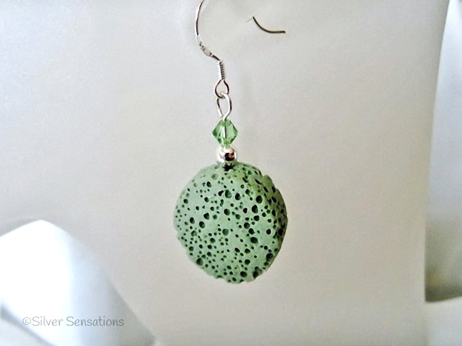 Pastel Green Volcanic Lava Coin, Swarovski Crystals & Sterl Silver Drop Earrings