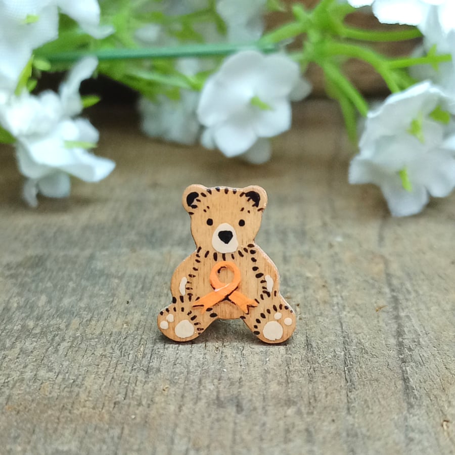 Tiny Leukaemia Support Bear Pin, Handmade Orange Awareness Ribbon Badge