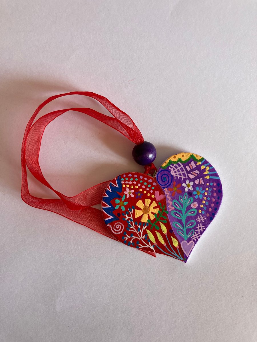 Funky hand painted wooden heart