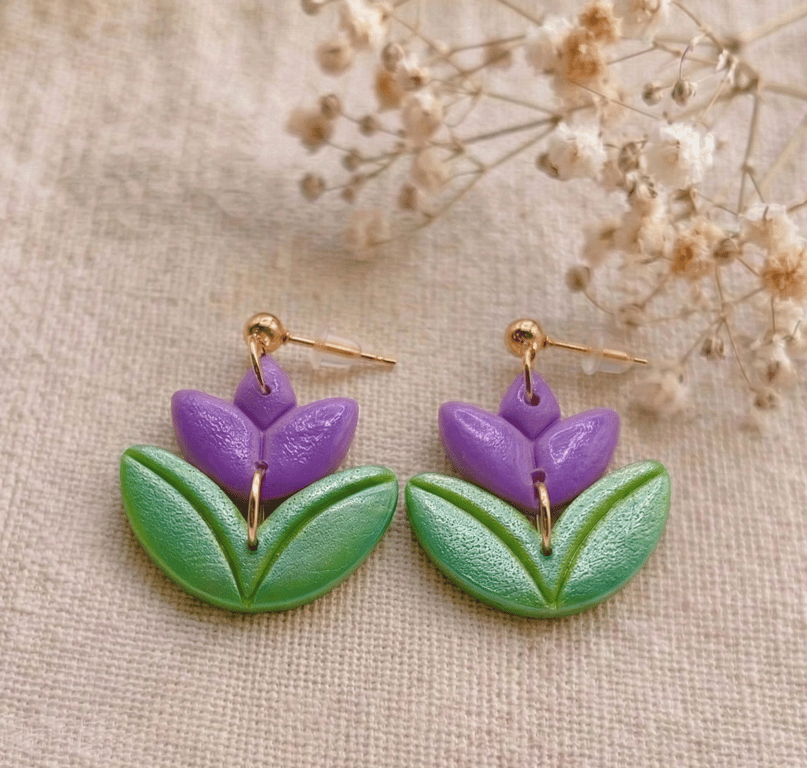 Purple tulip polymer clay earrings for her, Floral jewellery for spring lovers