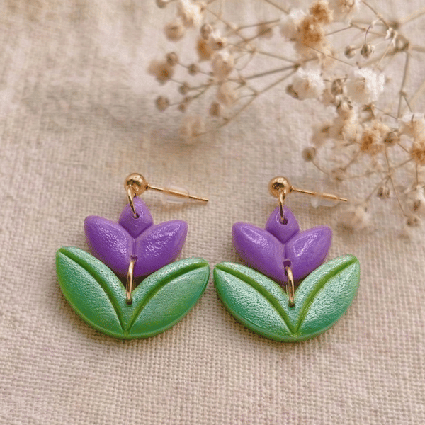 Purple tulip polymer clay earrings for her, Floral jewellery for spring lovers
