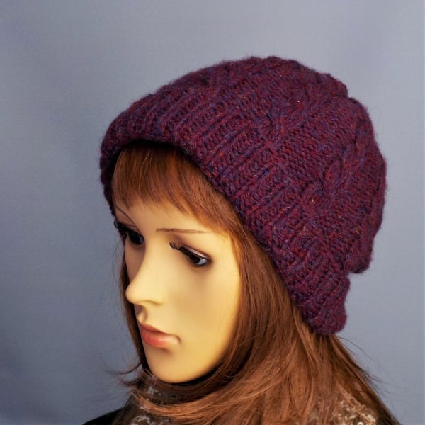 Beanie hat cable wine red hand knitted hat soft British wool