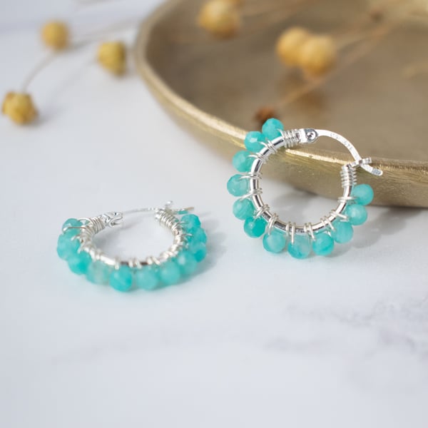 Amazonite Gemstone and Silver Hoop Earrings