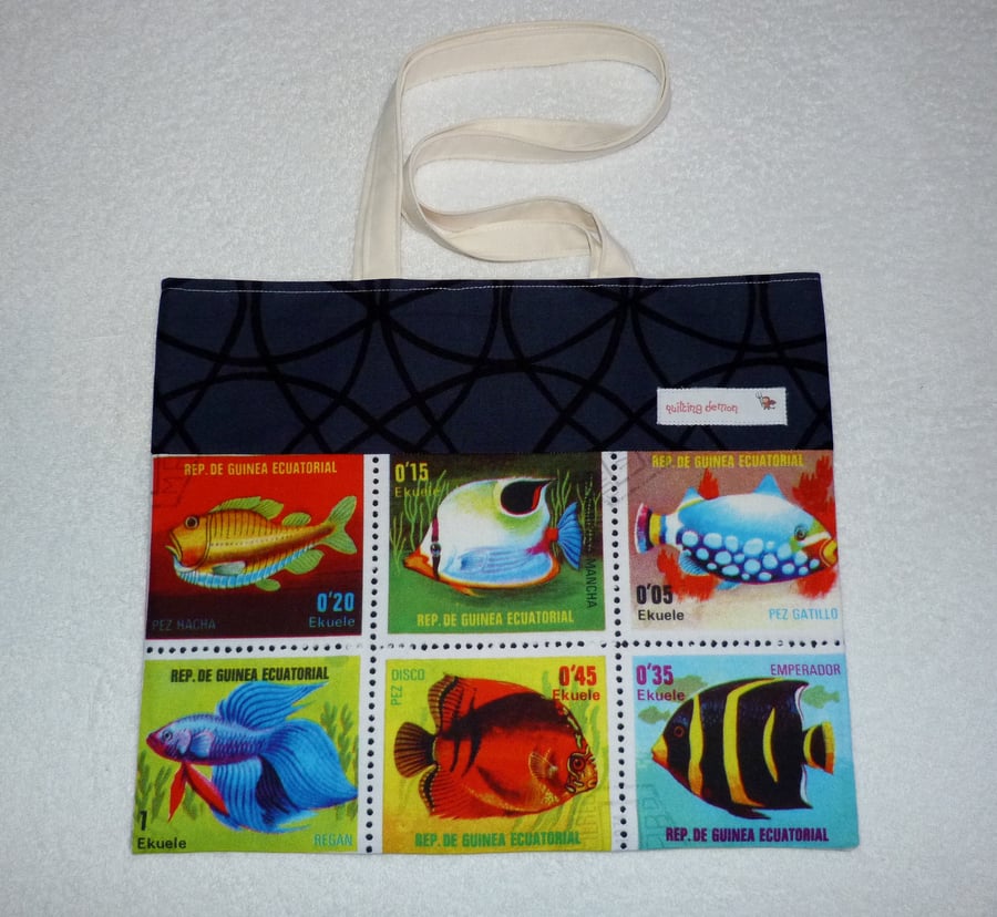 Fish Stamps Print Shoulder Bag with Cream Lining and Shoulder Straps. Large.