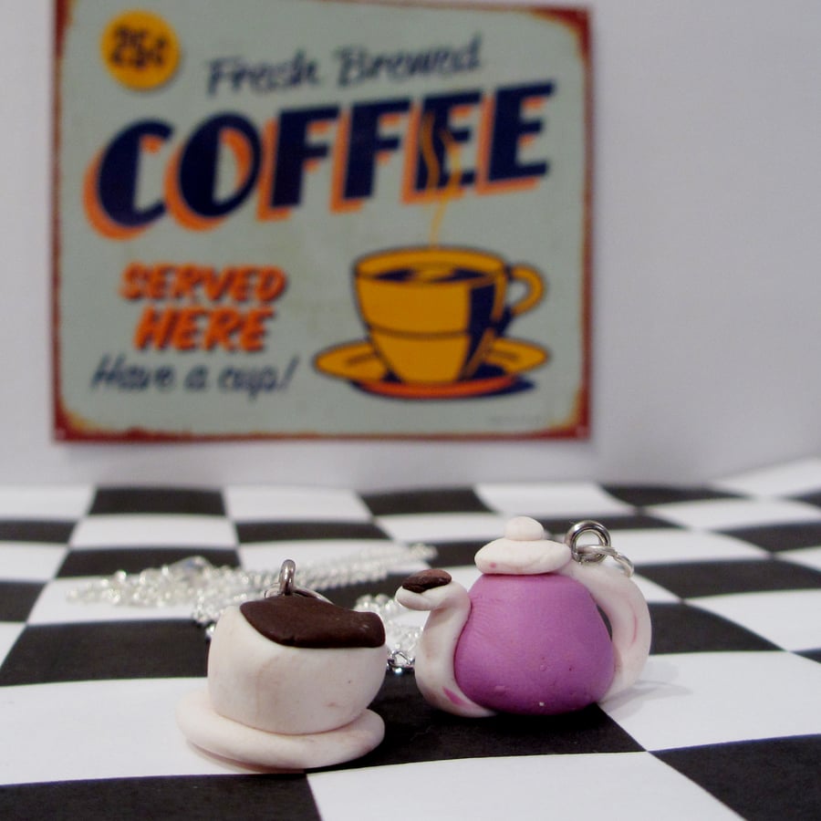 Retro coffee cup and teapot necklace (quirky, fun, unique, handmade, novel)