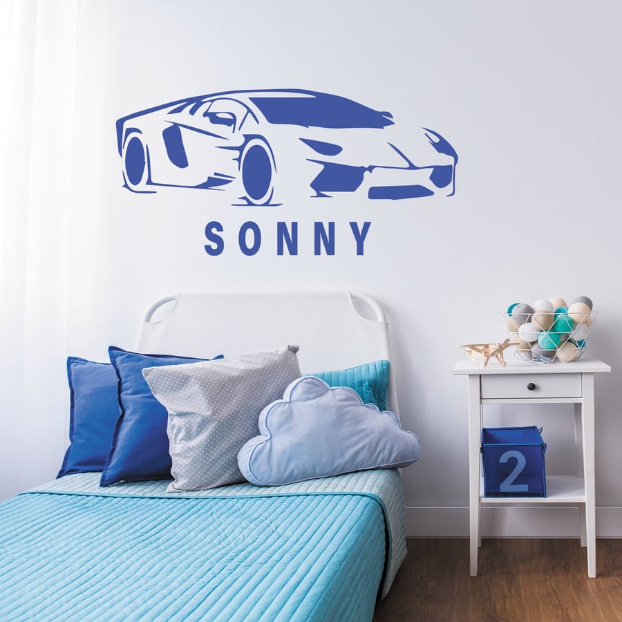 Sports Car Wall Sticker - Personalised Name Vinyl Decal, Car Themed Mural, Home 
