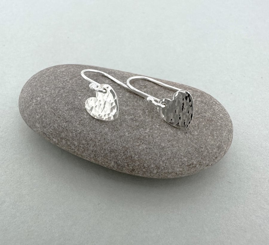 Hammered Sterling Silver Heart Dangle Earrings
