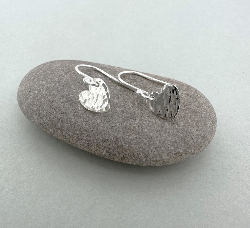Hammered Sterling Silver Heart Dangle Earrings