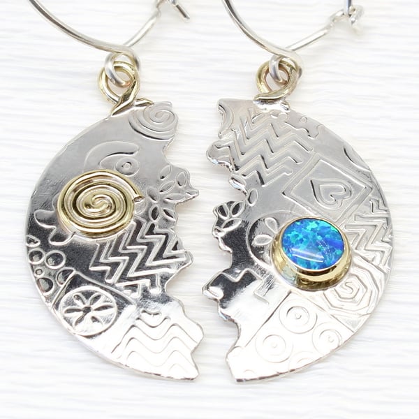 Unique handmade halved earrings, sterling silver, blue opal, gemstone choice.