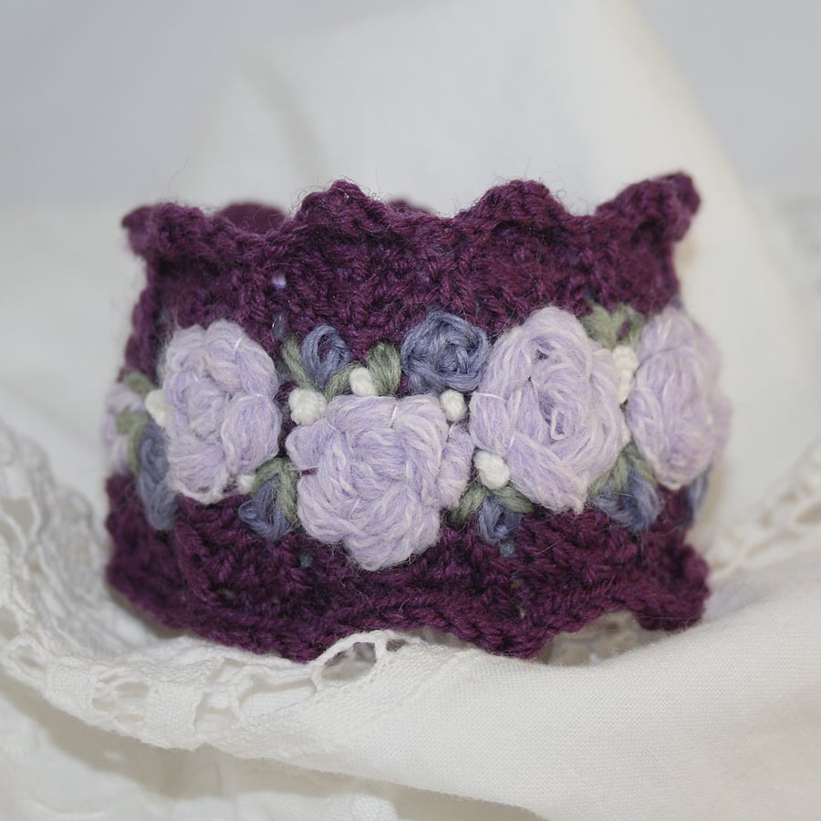 Embroidered and Knitted Cuff - Rose Garland on purple lace