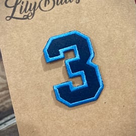 Embroidered Iron on Patch - Number 3 - Blue 52mm x 35 mm