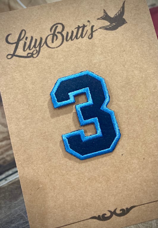 Embroidered Iron on Patch - Number 3 - Blue 52mm x 35 mm