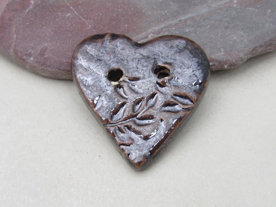 SECONDS Medium Bronze Leaf Sprig Texture Heart Shaped Ceramic Button