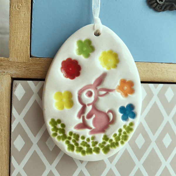 Pottery Easter Egg decoration with bunny and flowers