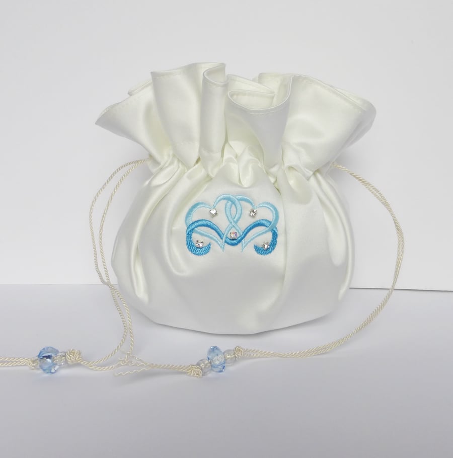 Embroidered satin Bridal bag, dolly bag, made to order.