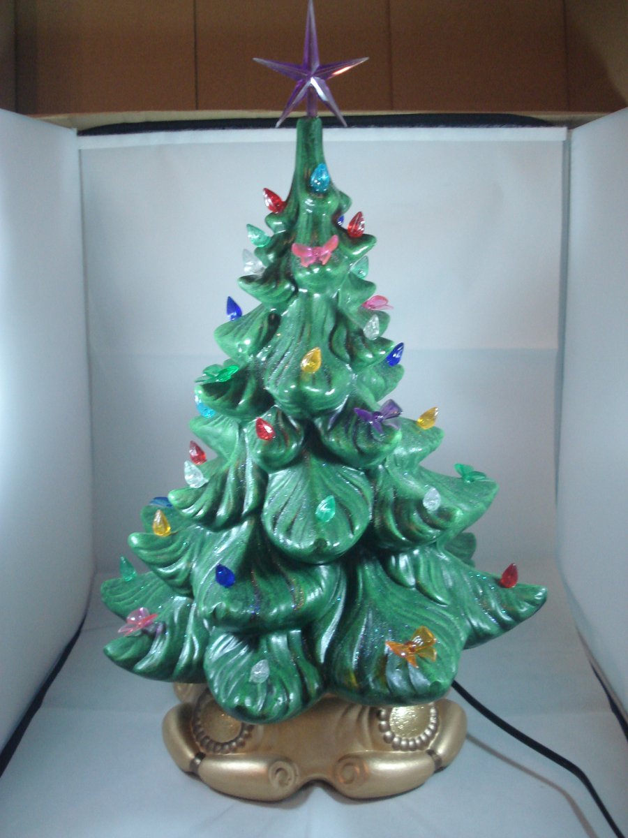 Ceramic Hand Painted Large Green Christmas Xmas Tree LED Table Lamp Decoration.