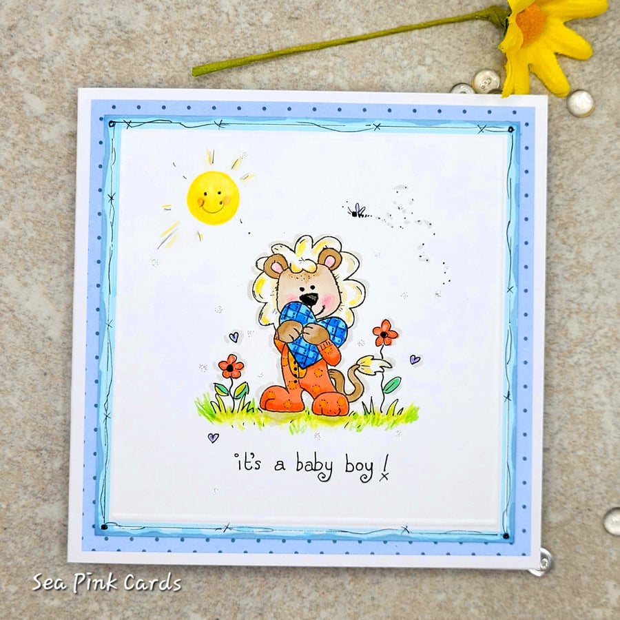 New baby boy card  - lion cub, onesie, heart, handmade 