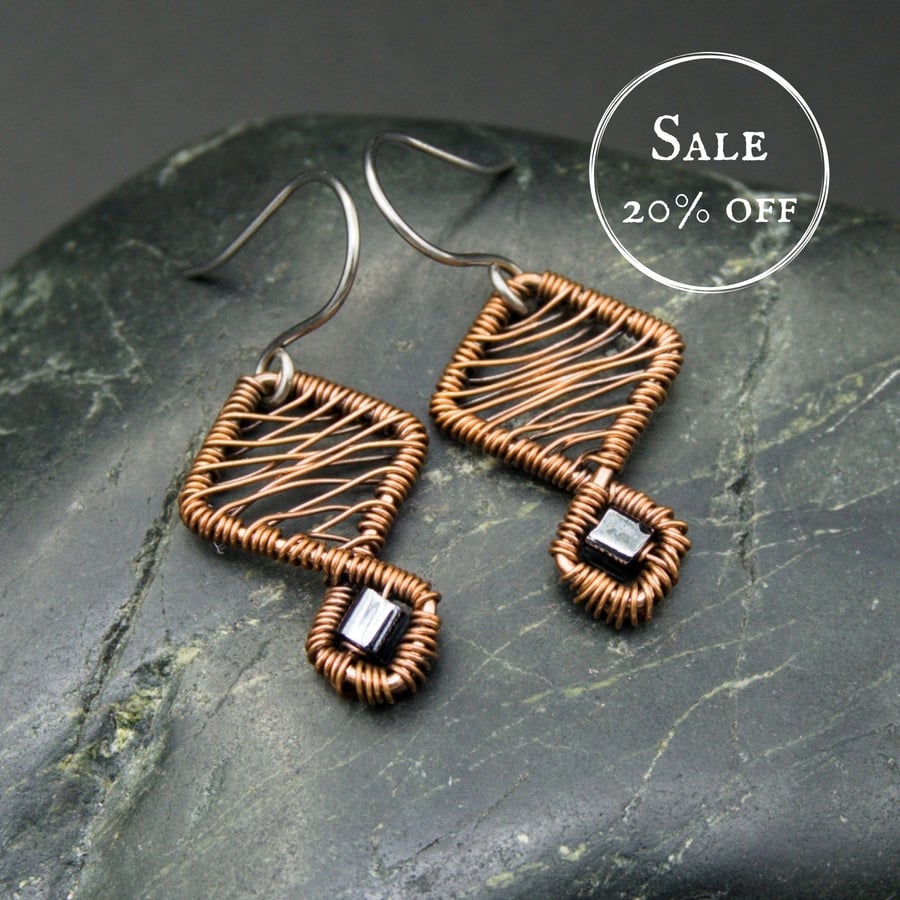 SALE - Copper Wire Weave Geometric Earrings with Dark Grey Metallic Beads