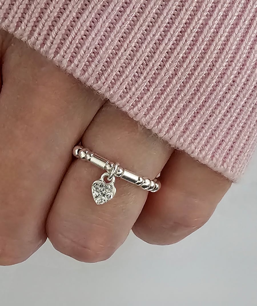 Sterling Silver Stretch Heart Charm Cubic Zirconia Ring, 925