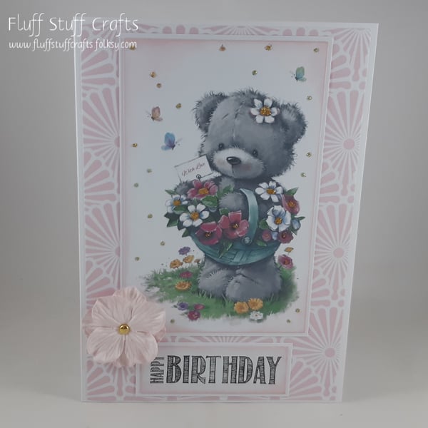 Handmade cute birthday card - bear with flower basket