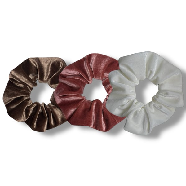 Set of 3 - Mocha, Rose Pink & Ivory Velvet Scrunchies - Large