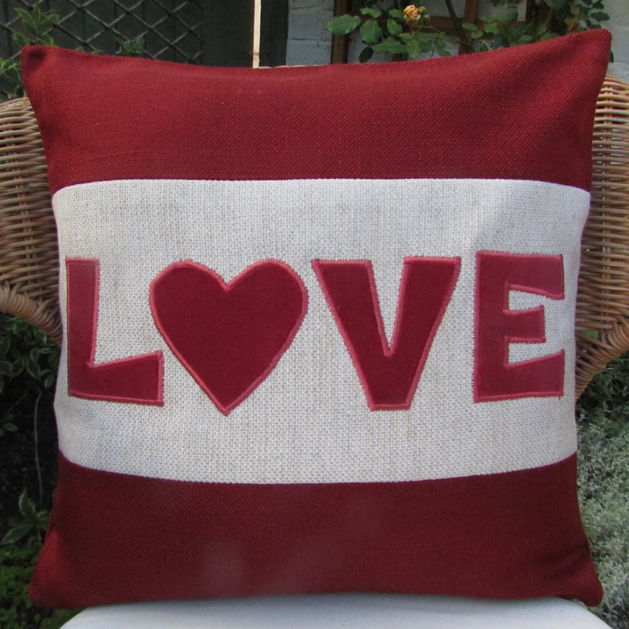 SALE - Red "Love" appliqued cushion