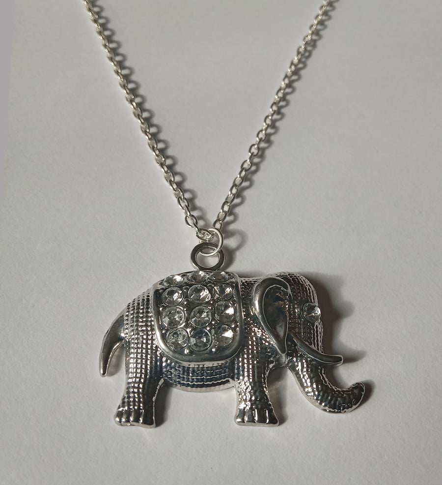 Rhinestone Diamante Elephant Long Silver Plate Necklace