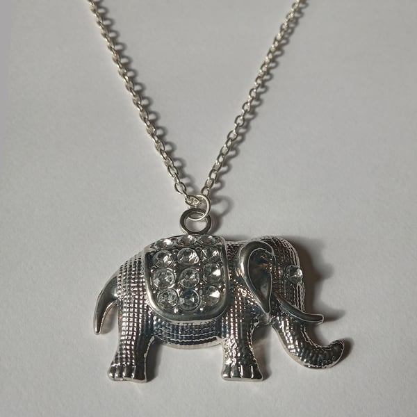 Rhinestone Diamante Elephant Long Silver Plate Necklace