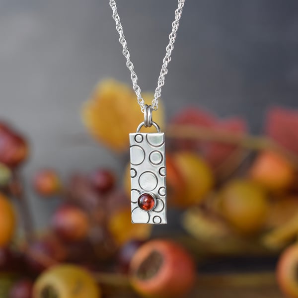Silver Pendant with Garnet Gemstone - Rectangle Geometric Jewellery