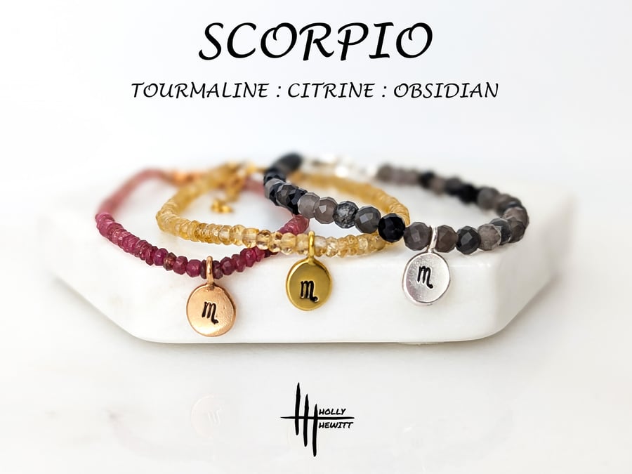 Scorpio Zodiac Healing Gemstone Beaded Bracelet; Tourmaline, Citrine, Obsidian